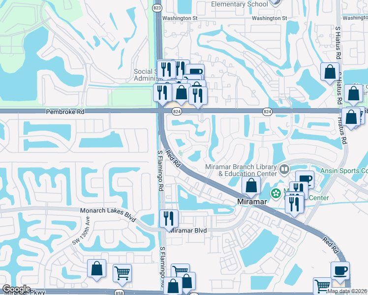 map of restaurants, bars, coffee shops, grocery stores, and more near 2163 Renaissance Boulevard in Miramar