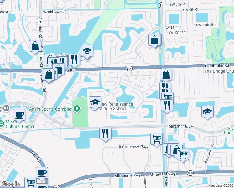 map of restaurants, bars, coffee shops, grocery stores, and more near 2031 Southwest 104th Avenue in Miramar