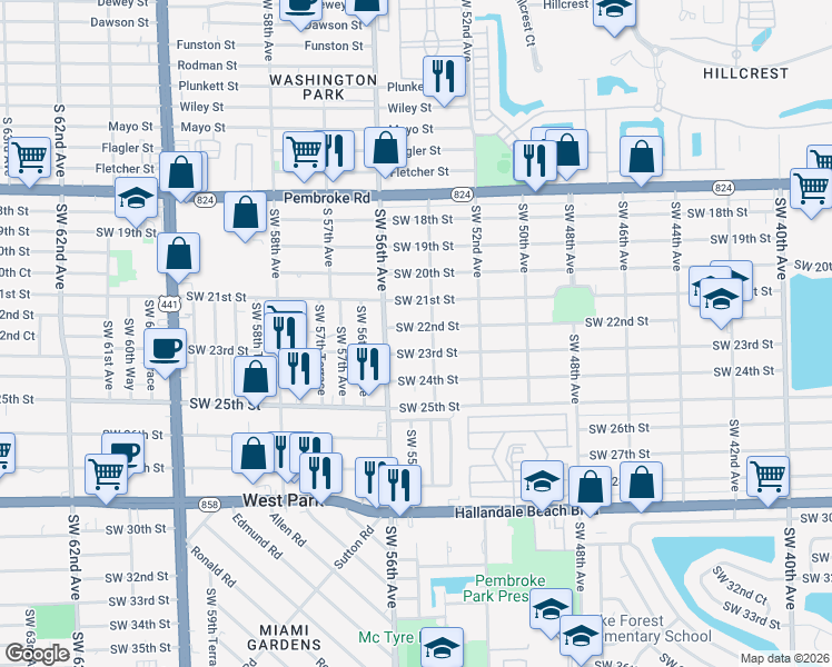 map of restaurants, bars, coffee shops, grocery stores, and more near 5414 Southwest 22nd Street in West Park