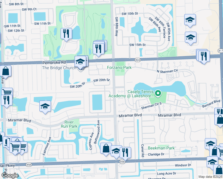 map of restaurants, bars, coffee shops, grocery stores, and more near 2241 Lake Miramar Way in Miramar
