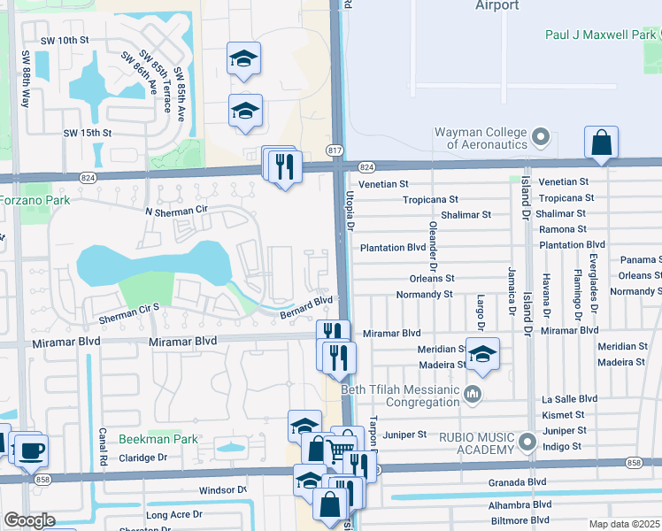 map of restaurants, bars, coffee shops, grocery stores, and more near 2201 Southwest 80th Terrace in Miramar