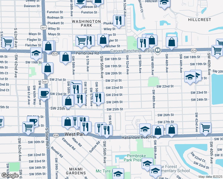 map of restaurants, bars, coffee shops, grocery stores, and more near 5414 Southwest 22nd Street in West Park