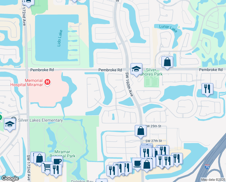 map of restaurants, bars, coffee shops, grocery stores, and more near 1946 Southwest 163rd Avenue in Miramar