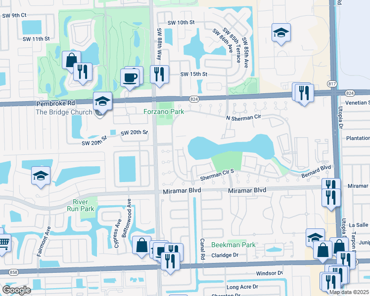 map of restaurants, bars, coffee shops, grocery stores, and more near 2043 Southwest 87th Terrace in Miramar