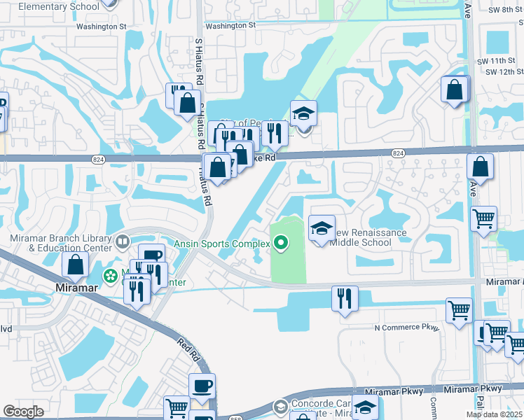 map of restaurants, bars, coffee shops, grocery stores, and more near 2090 West Preserve Way in Miramar