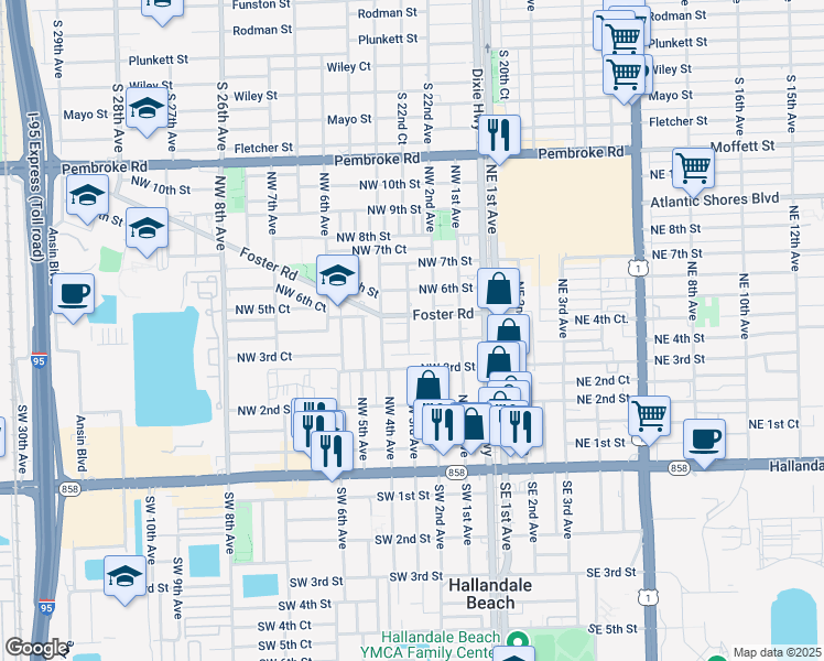 map of restaurants, bars, coffee shops, grocery stores, and more near 406 Northwest 5th Avenue in Hallandale Beach