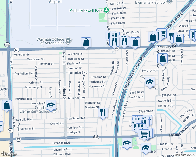 map of restaurants, bars, coffee shops, grocery stores, and more near 7420 Panama Street in Miramar
