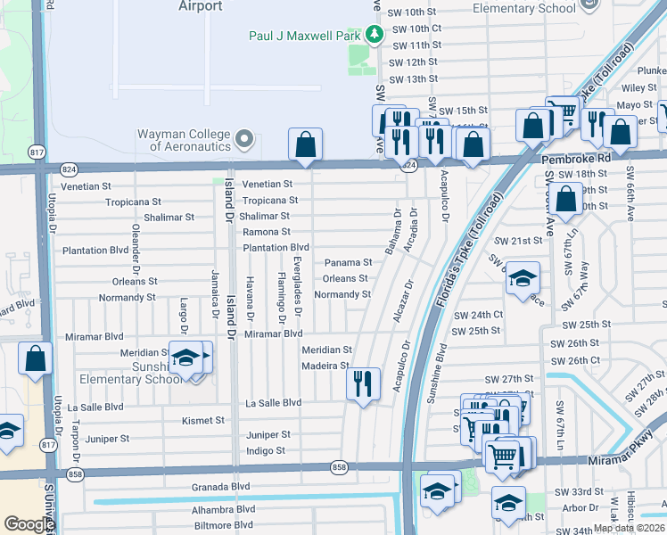 map of restaurants, bars, coffee shops, grocery stores, and more near 7420 Panama Street in Miramar