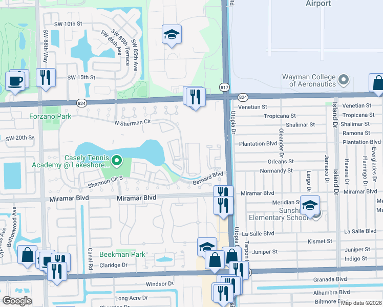 map of restaurants, bars, coffee shops, grocery stores, and more near 256 Sherman Circle Driveway in Miramar
