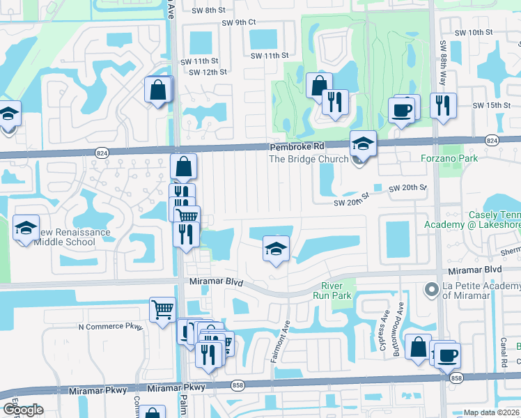 map of restaurants, bars, coffee shops, grocery stores, and more near 2011 Southwest 97th Terrace in Miramar