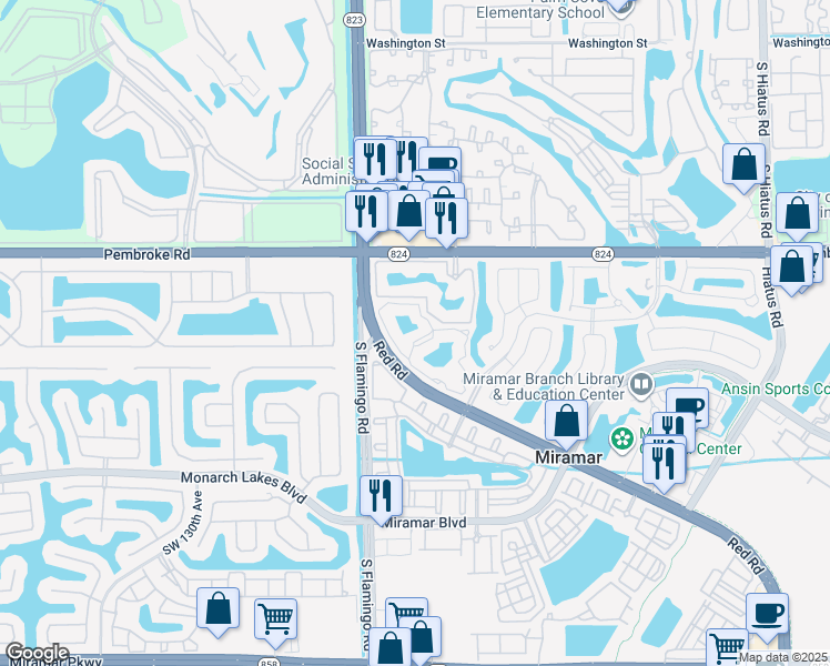 map of restaurants, bars, coffee shops, grocery stores, and more near 2163 Renaissance Boulevard in Miramar
