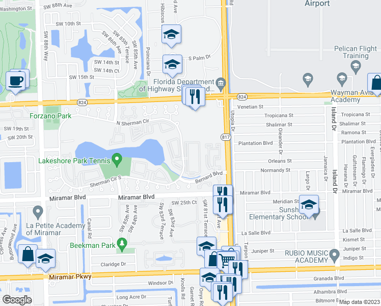 map of restaurants, bars, coffee shops, grocery stores, and more near 2221 Sherman Circle South in Miramar