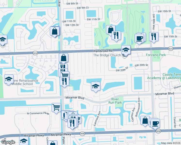 map of restaurants, bars, coffee shops, grocery stores, and more near 2011 Southwest 97th Terrace in Miramar