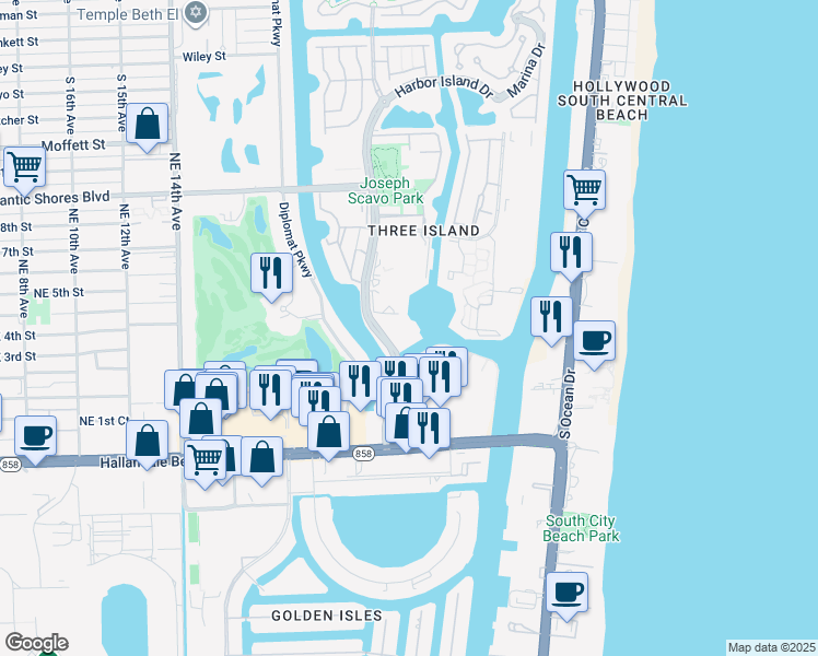 map of restaurants, bars, coffee shops, grocery stores, and more near 300 Three Islands Boulevard in Hallandale Beach