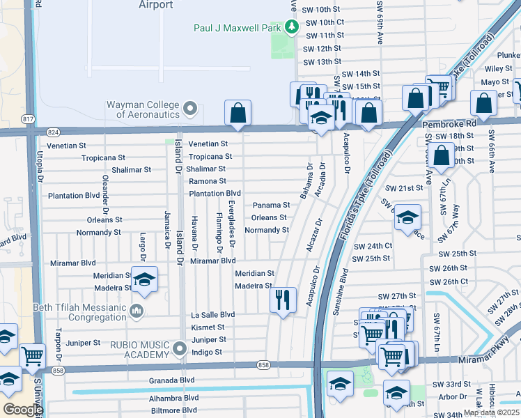 map of restaurants, bars, coffee shops, grocery stores, and more near 7420 Panama Street in Miramar