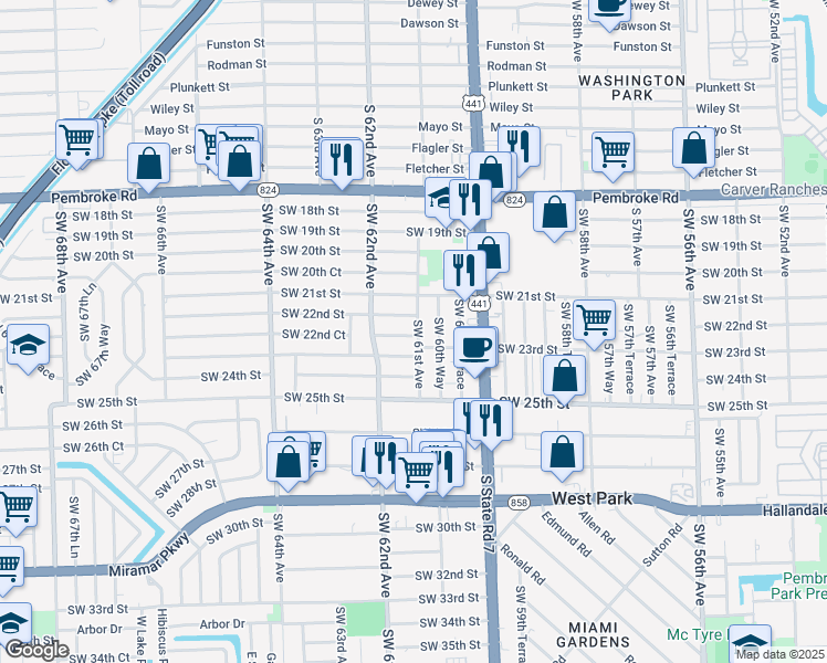 map of restaurants, bars, coffee shops, grocery stores, and more near 6101 Southwest 22nd Court in Miramar