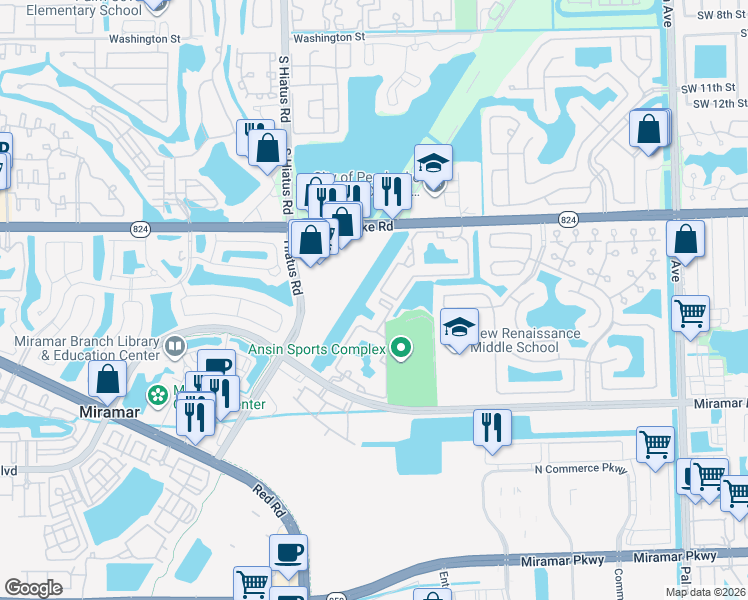 map of restaurants, bars, coffee shops, grocery stores, and more near 2090 West Preserve Way in Miramar