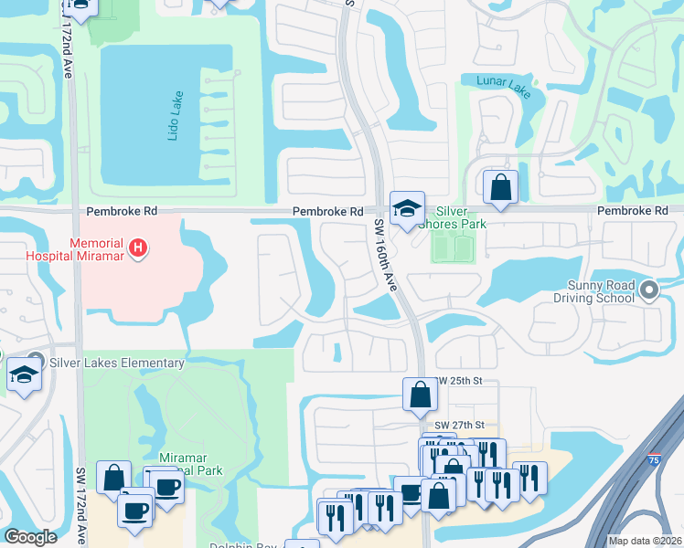 map of restaurants, bars, coffee shops, grocery stores, and more near 1916 Southwest 163rd Avenue in Miramar