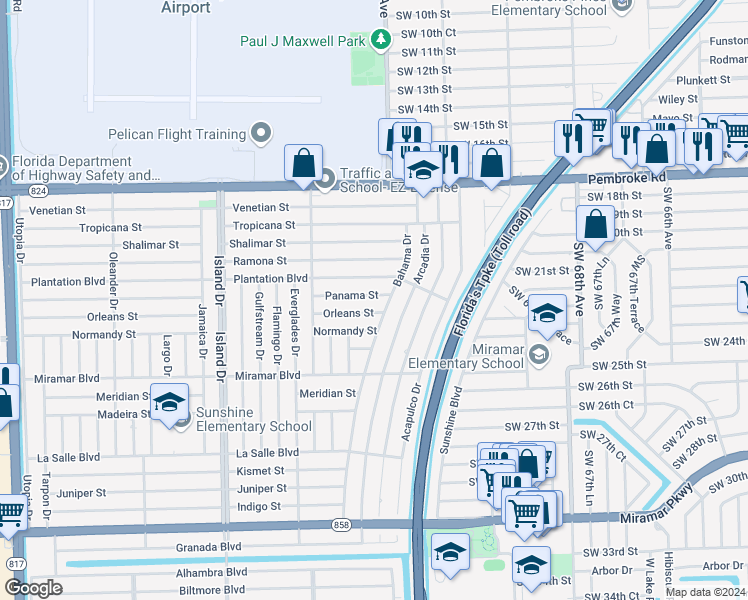 map of restaurants, bars, coffee shops, grocery stores, and more near 7224 Panama Street in Miramar