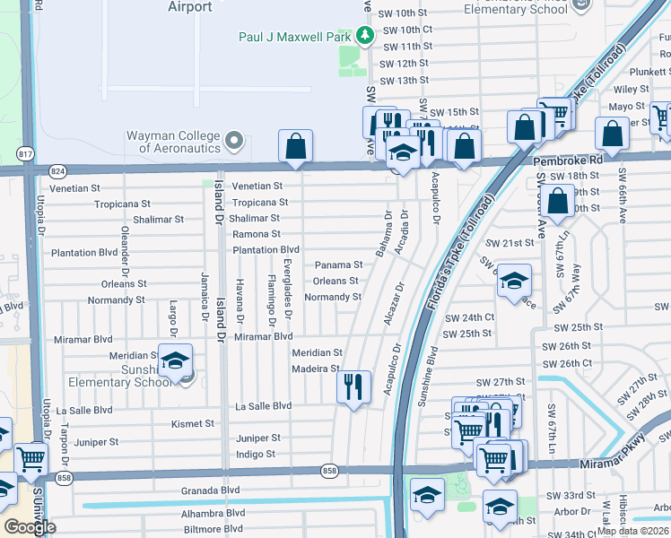map of restaurants, bars, coffee shops, grocery stores, and more near 7420 Panama Street in Miramar