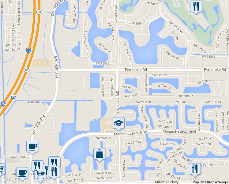 map of restaurants, bars, coffee shops, grocery stores, and more near 1941 Southwest 136th Way in Miramar