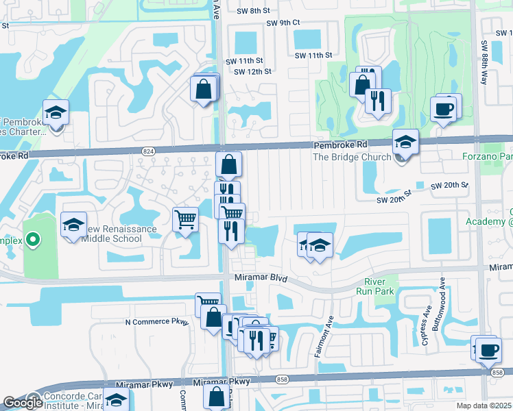 map of restaurants, bars, coffee shops, grocery stores, and more near 2006 Southwest 99th Terrace in Miramar