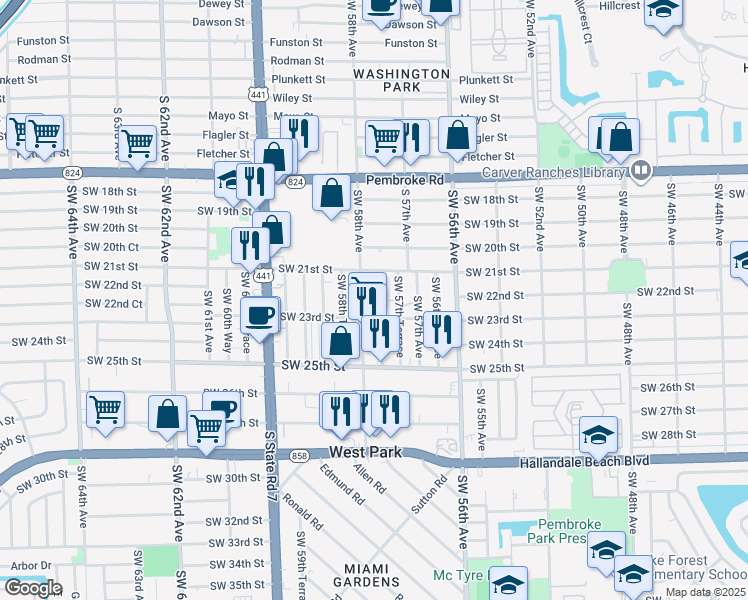 map of restaurants, bars, coffee shops, grocery stores, and more near 2128 Southwest 57th Way in West Park