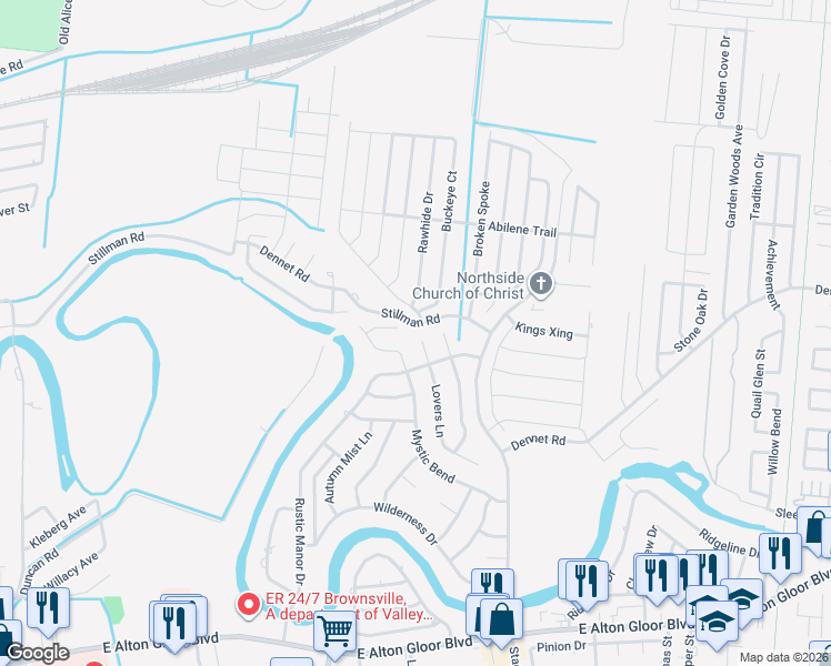 map of restaurants, bars, coffee shops, grocery stores, and more near 5633 Lovers Ln in Brownsville
