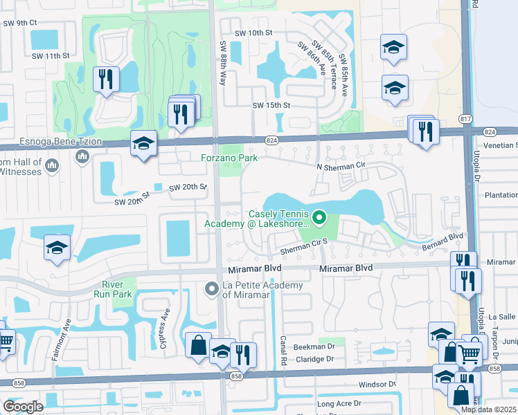 map of restaurants, bars, coffee shops, grocery stores, and more near 2043 Southwest 87th Terrace in Miramar
