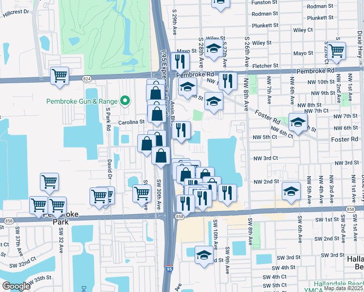 map of restaurants, bars, coffee shops, grocery stores, and more near 470 Ansin Boulevard in Hallandale Beach