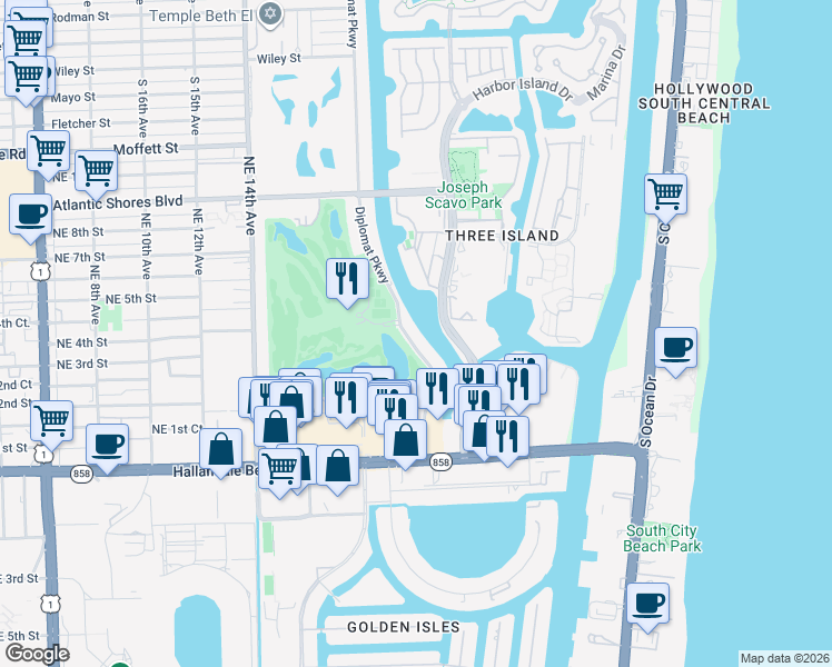 map of restaurants, bars, coffee shops, grocery stores, and more near 400 Diplomat Parkway in Hallandale Beach