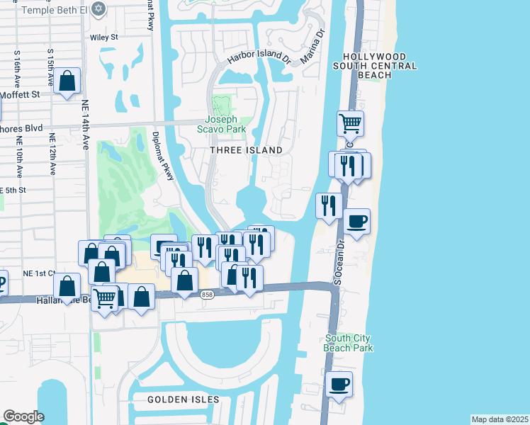 map of restaurants, bars, coffee shops, grocery stores, and more near 357 Leslie Dr in Hallandale Beach