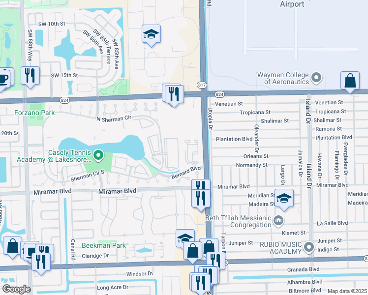 map of restaurants, bars, coffee shops, grocery stores, and more near 256 Sherman Circle Driveway in Miramar