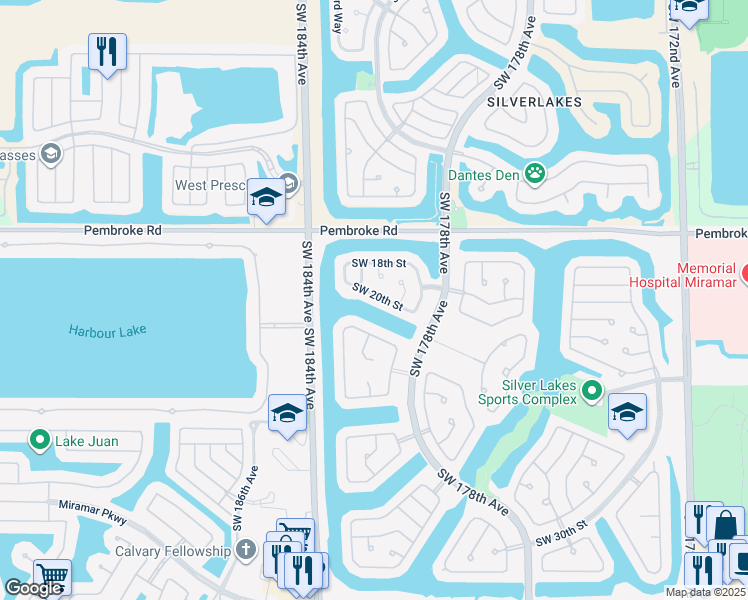 map of restaurants, bars, coffee shops, grocery stores, and more near 18104 Southwest 20th Street in Miramar