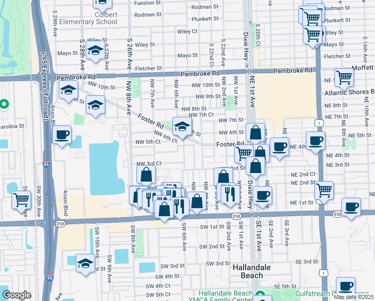 map of restaurants, bars, coffee shops, grocery stores, and more near 416 Northwest 5th Terrace in Hallandale Beach