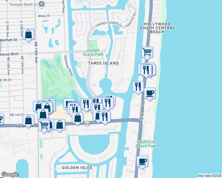 map of restaurants, bars, coffee shops, grocery stores, and more near 357 Leslie Drive in Hallandale Beach