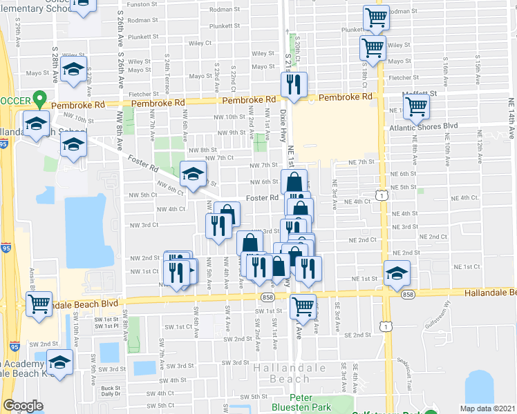 map of restaurants, bars, coffee shops, grocery stores, and more near 413 Northwest 2nd Avenue in Hallandale Beach