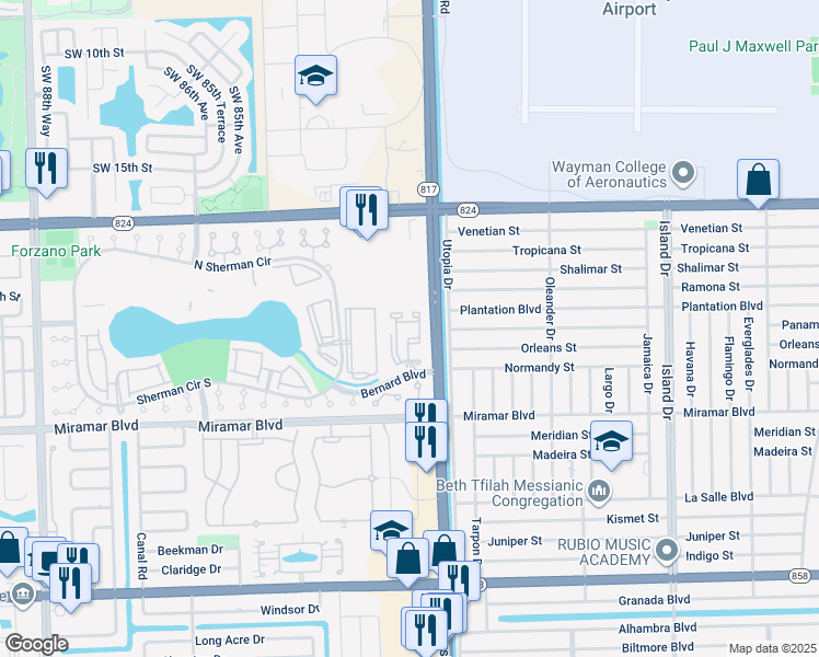 map of restaurants, bars, coffee shops, grocery stores, and more near 2201 Southwest 80th Terrace in Miramar