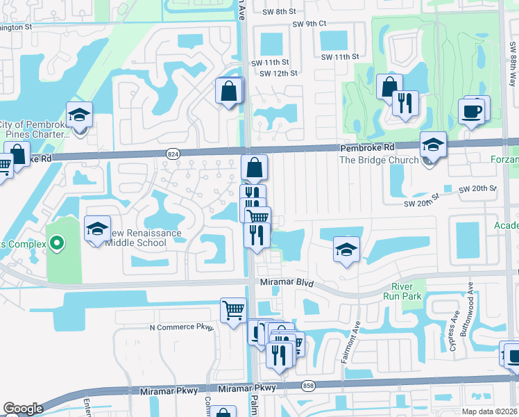 map of restaurants, bars, coffee shops, grocery stores, and more near 2010 Southwest 100th Terrace in Miramar