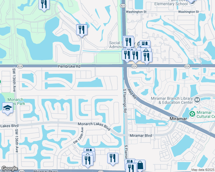 map of restaurants, bars, coffee shops, grocery stores, and more near 1920 Southwest 126th Avenue in Miramar