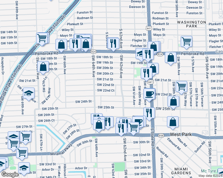 map of restaurants, bars, coffee shops, grocery stores, and more near 6241 Southwest 22nd Court in Miramar
