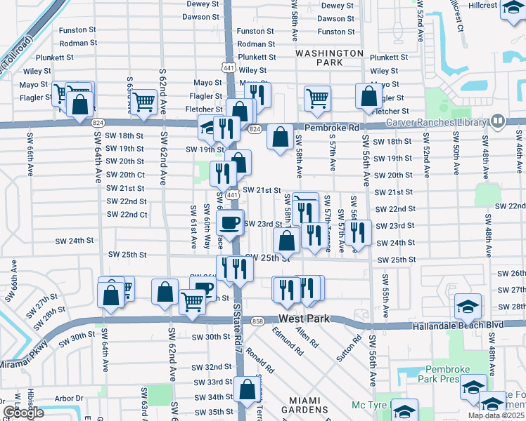 map of restaurants, bars, coffee shops, grocery stores, and more near 2211 Southwest 59th Avenue in West Park
