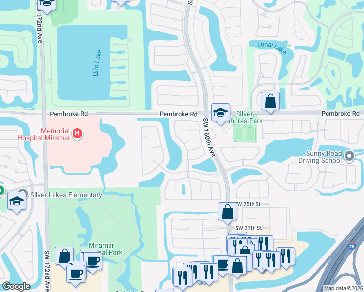 map of restaurants, bars, coffee shops, grocery stores, and more near 1916 Southwest 163rd Avenue in Miramar