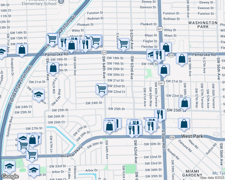 map of restaurants, bars, coffee shops, grocery stores, and more near 6329 Southwest 22nd Court in Miramar