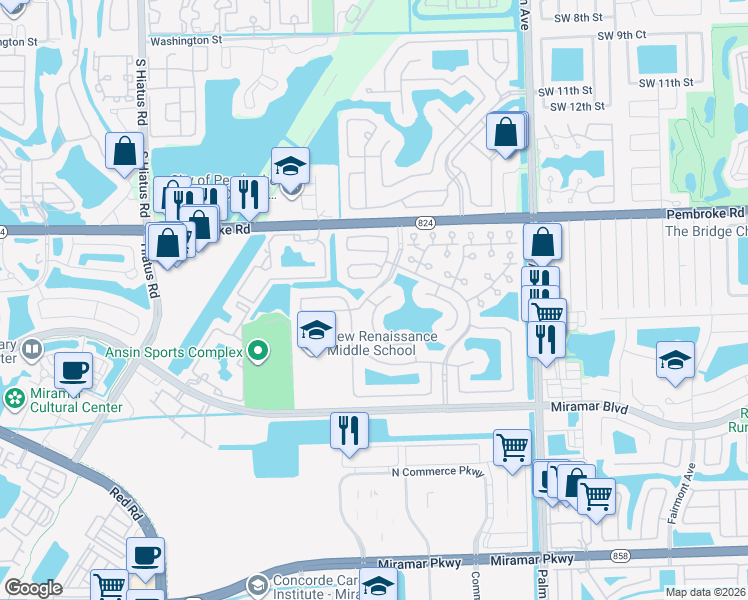 map of restaurants, bars, coffee shops, grocery stores, and more near 2042 Southwest 104th Avenue in Miramar
