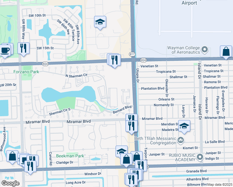 map of restaurants, bars, coffee shops, grocery stores, and more near 256 Sherman Circle Driveway in Miramar