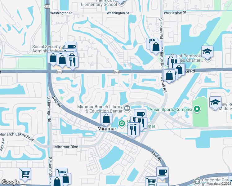 map of restaurants, bars, coffee shops, grocery stores, and more near 2001 Southwest 117th Avenue in Miramar