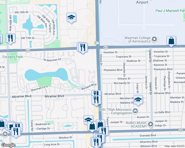 map of restaurants, bars, coffee shops, grocery stores, and more near 2201 Southwest 80th Terrace in Miramar