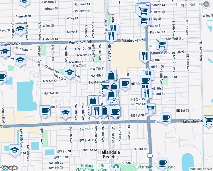 map of restaurants, bars, coffee shops, grocery stores, and more near 409 North Dixie Highway in Hallandale Beach