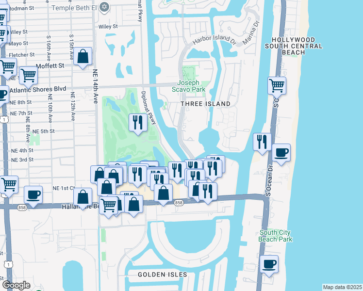 map of restaurants, bars, coffee shops, grocery stores, and more near 341 Three Islands Boulevard in Hallandale Beach
